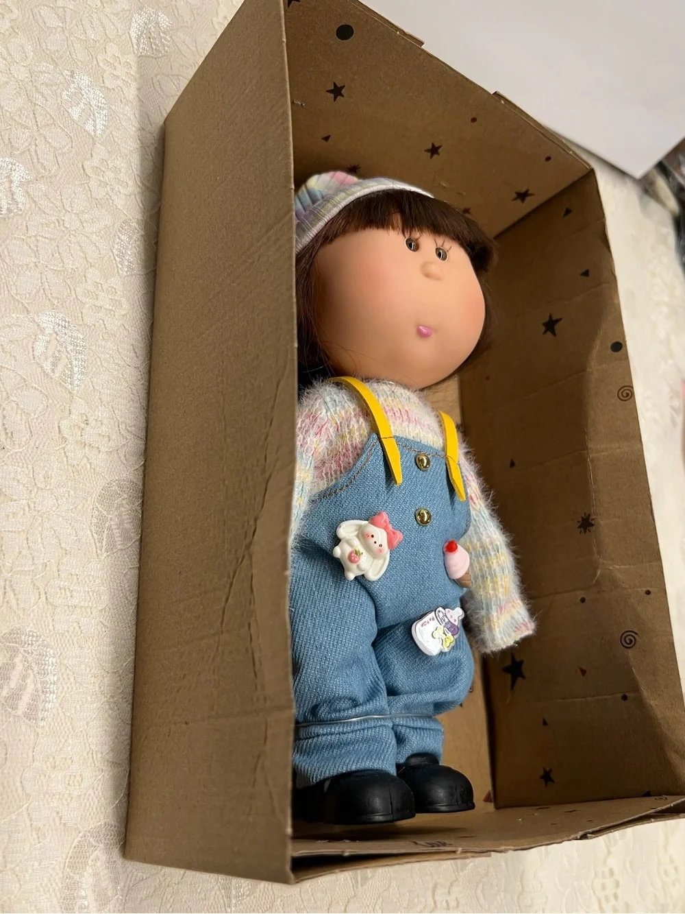 New, Mia Potato Doll in Pastel Striped Hat and Blue Overalls